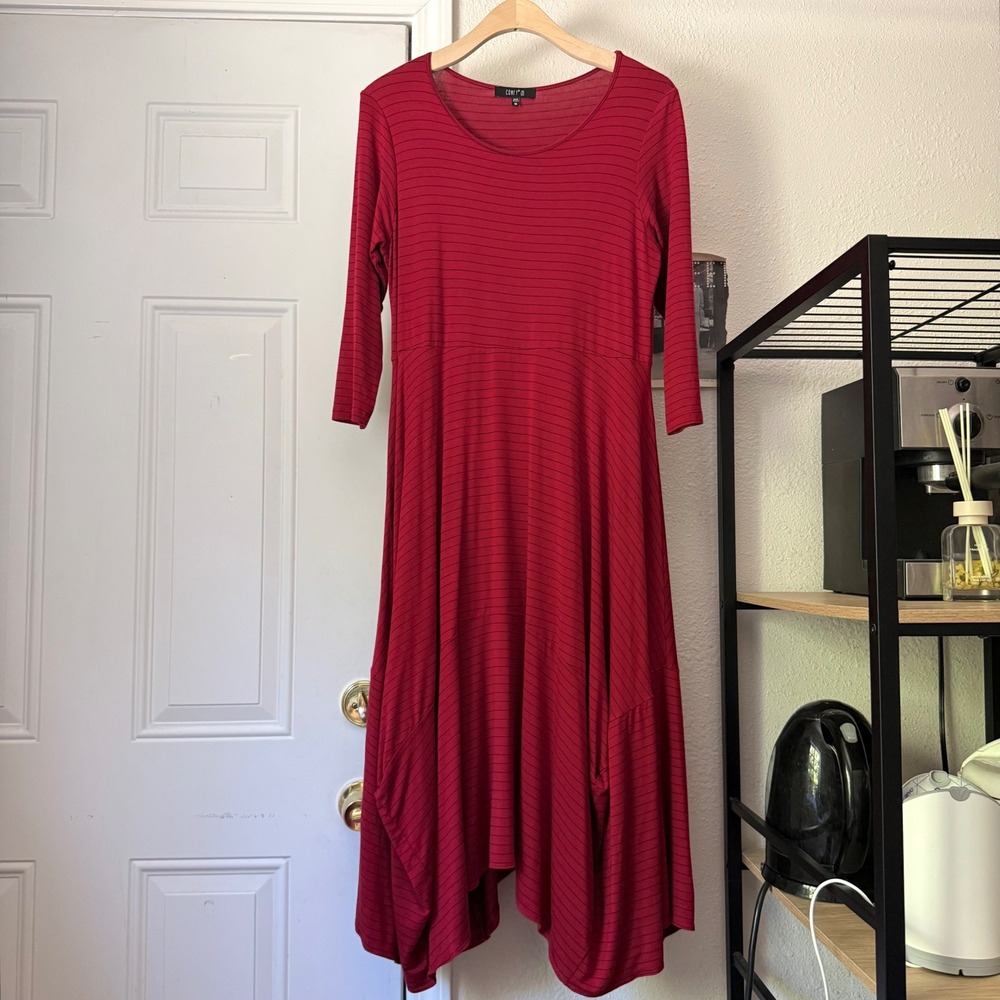 COMFY USA red pin striped lagenlook scoop crew long sleeve draped hem midi dress